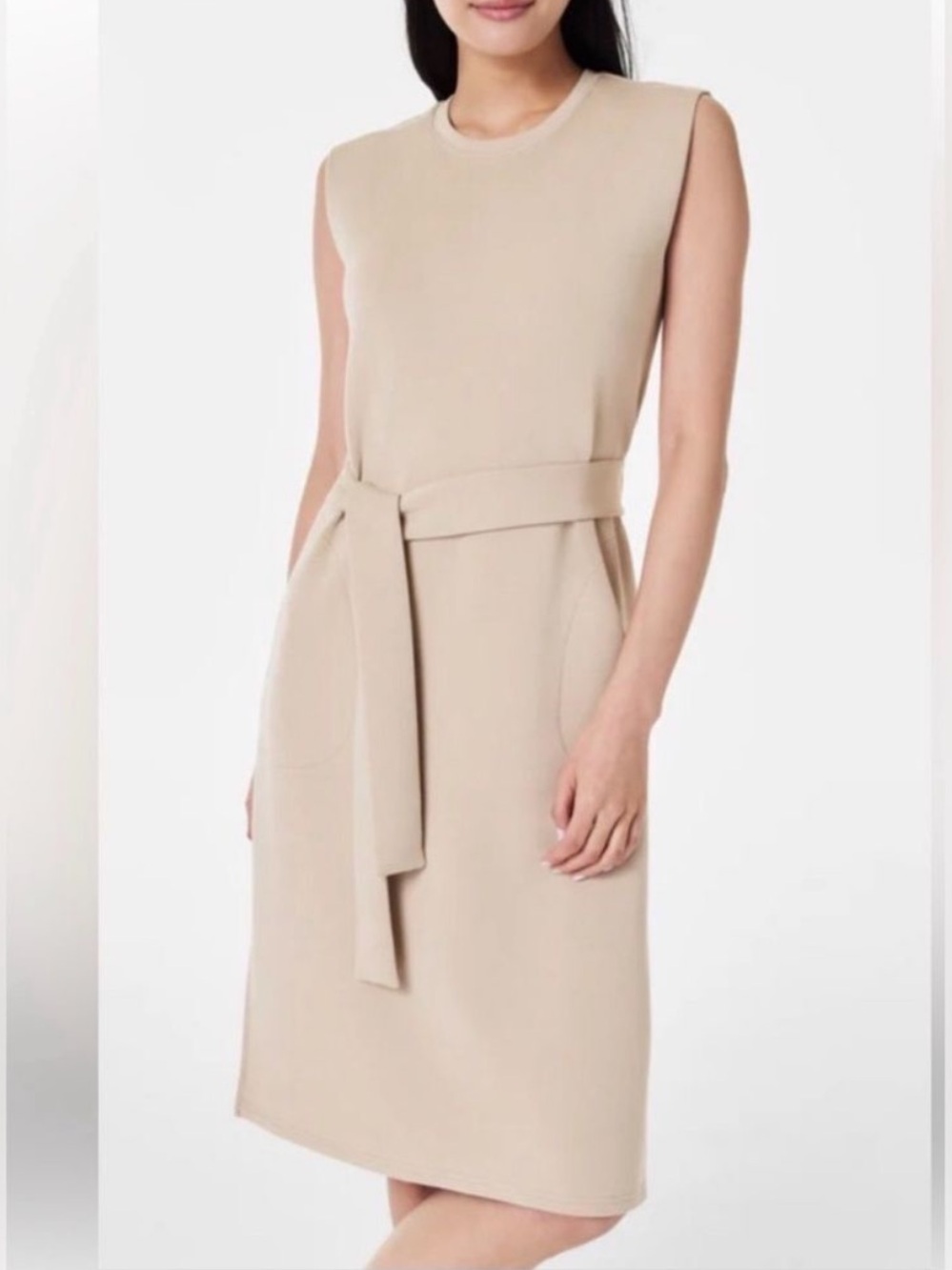 SPANX AirEssentials Tie Waist Midi Dress Sleeveless Cream M NWOT
